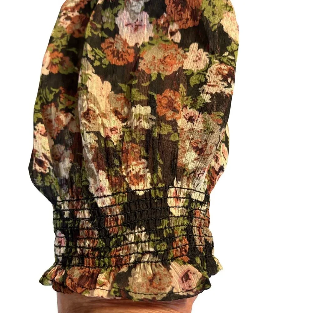 Mango Floral Print Sheer Blouse US 12 Black Multicolor Long Sleeve Lightweight - Picture 5 of 12
